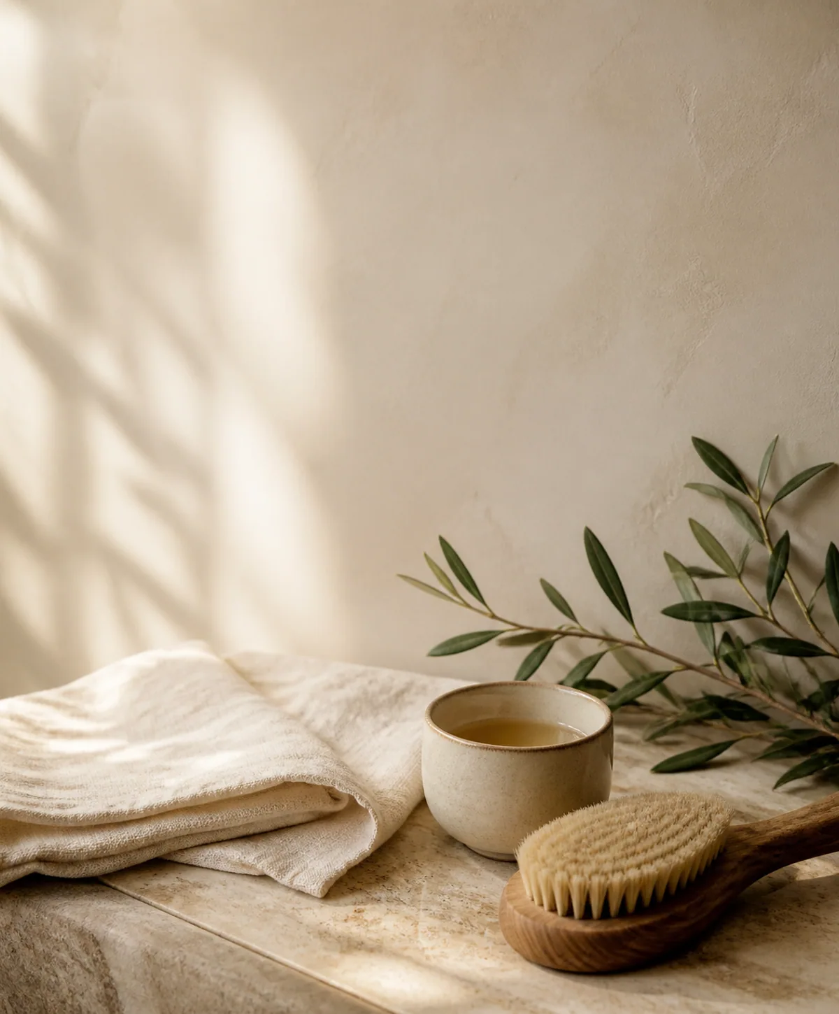 A serene tabletop with folded linen, a ceramic cup, and a body brush