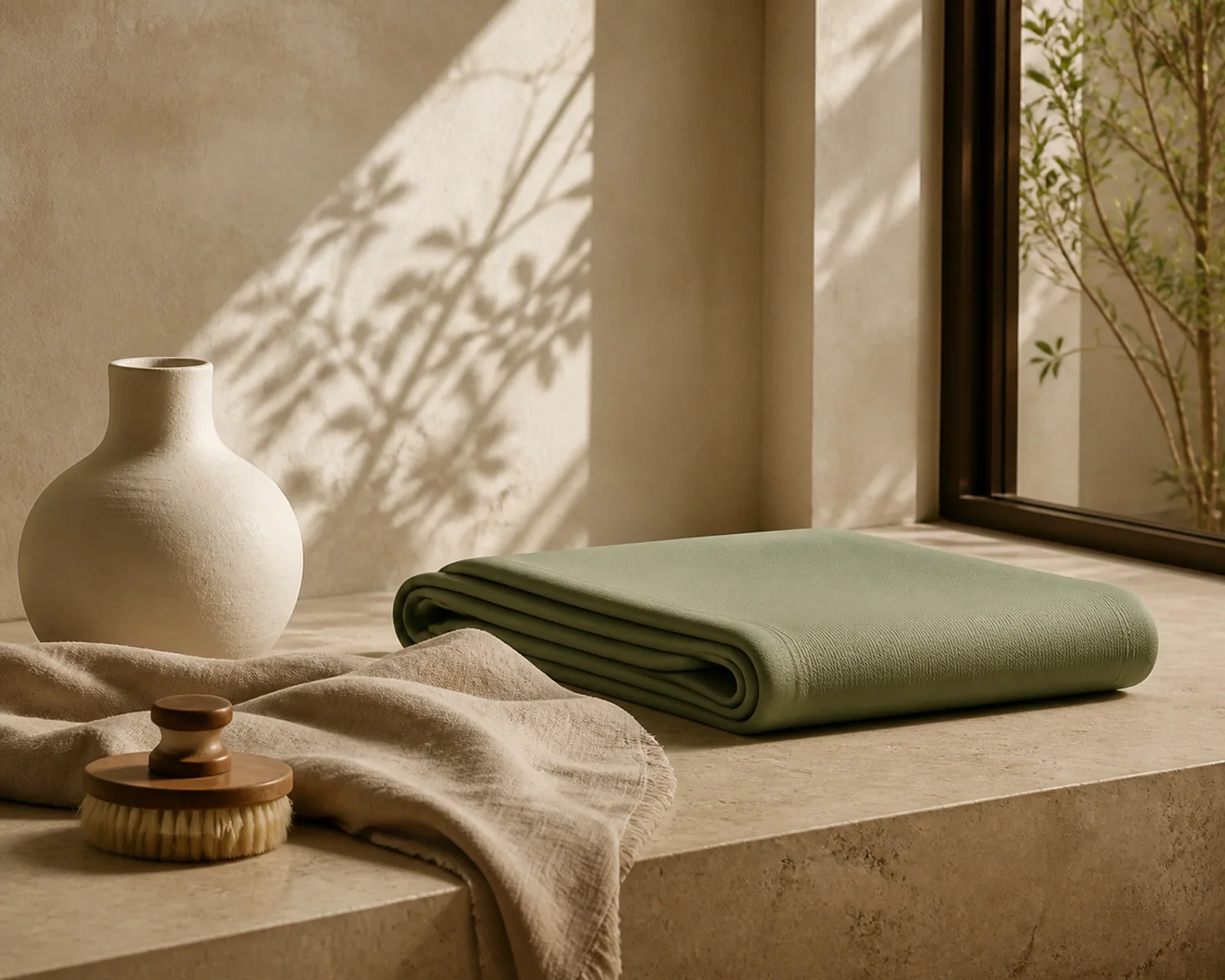 A folded mat, ceramic vessel, and linen arranged beside a window